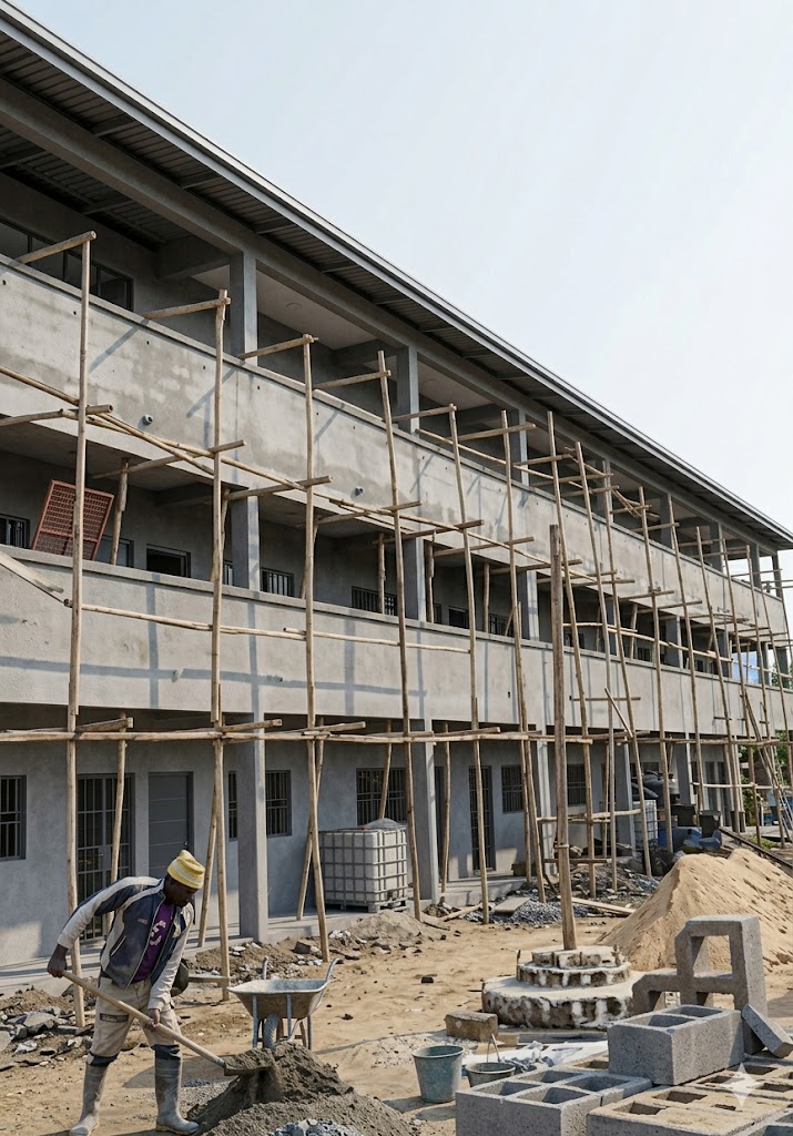 Evolution du chantier du Lycée Technique de Bafou (crépissage)